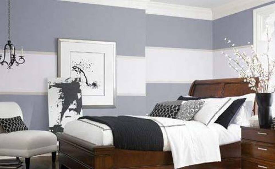 Grey & White Stripes Wall Decor In Master Bedroom