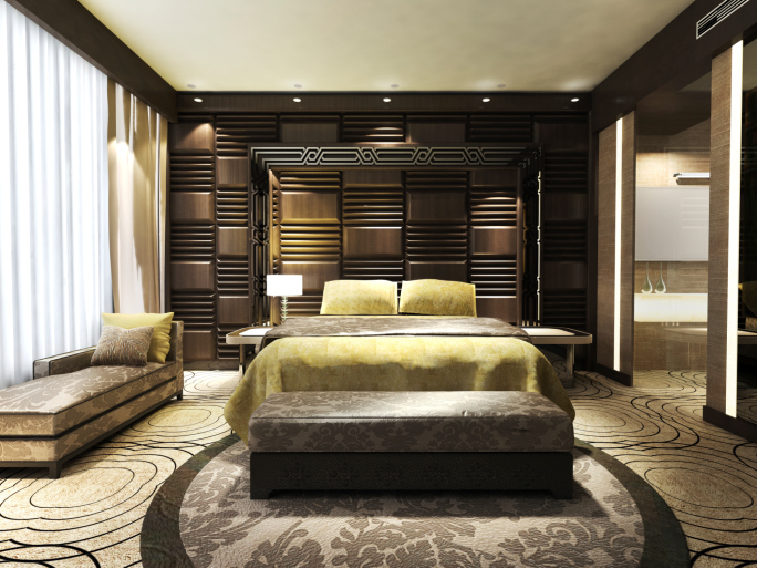 Luxury masculine master bedroom with deep wood panel walls, raised bed, day bed and patterned carpeting