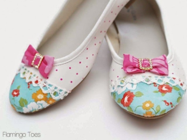 Make boutique style shoes by adding fabric, lace, and polka dots