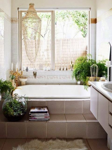 Perfect Bohemian Bathroom Design With Golden Candle Holder, Fish Bowls & Light Fixtures