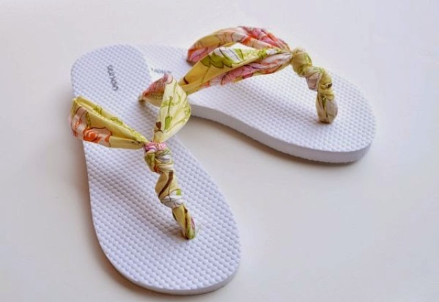 Replace the plastic straps on a pair of flip flops with some pretty fabric