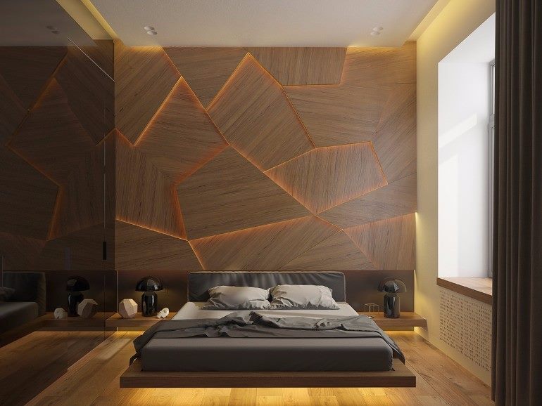 Striking Wood Panel Design In Master Bedroom