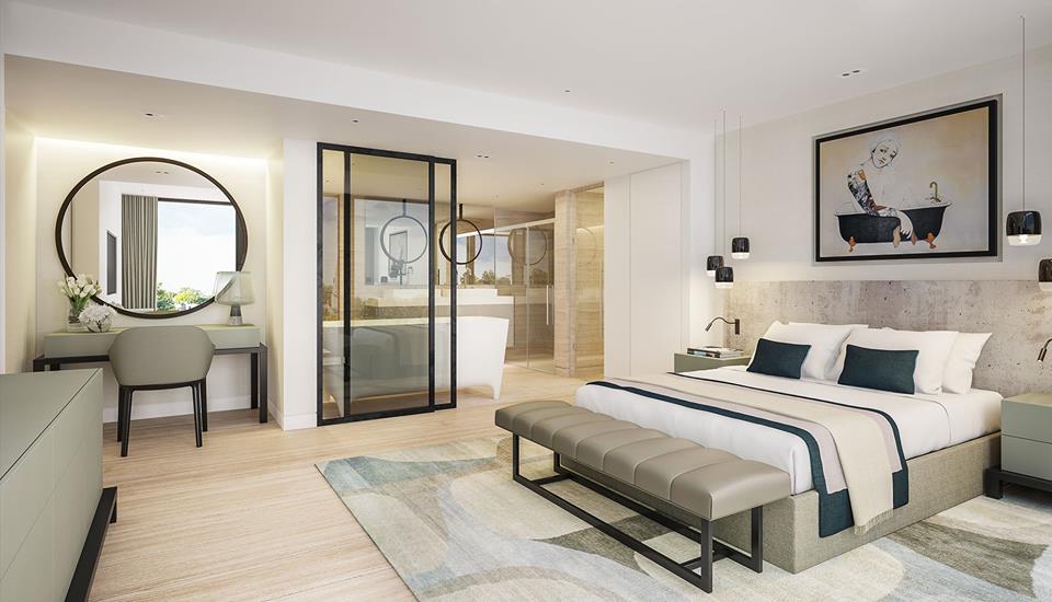 Stunning Contemporary Master Bedroom Design With Big Round Mirror