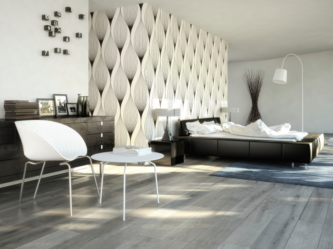 Stylish modern white and black bedroom with very light wood flooring