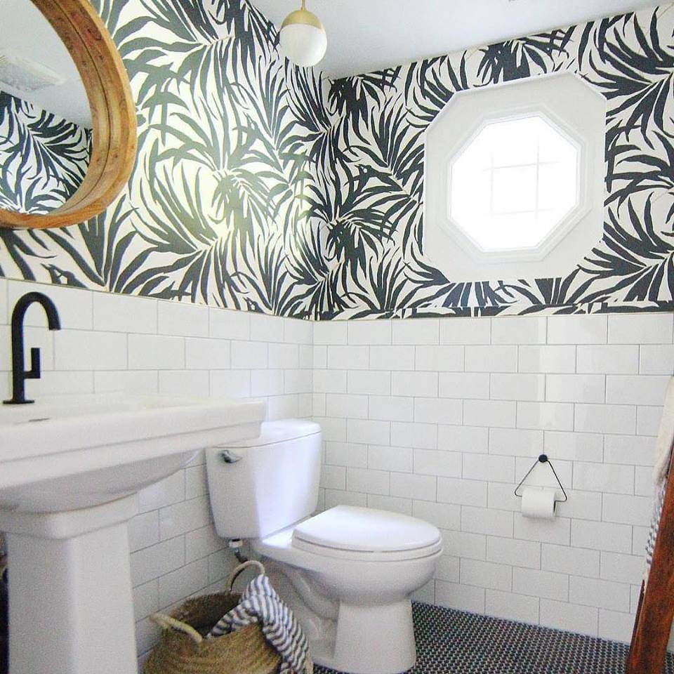 Tropical Wall Paper In Bohemian Bathroom