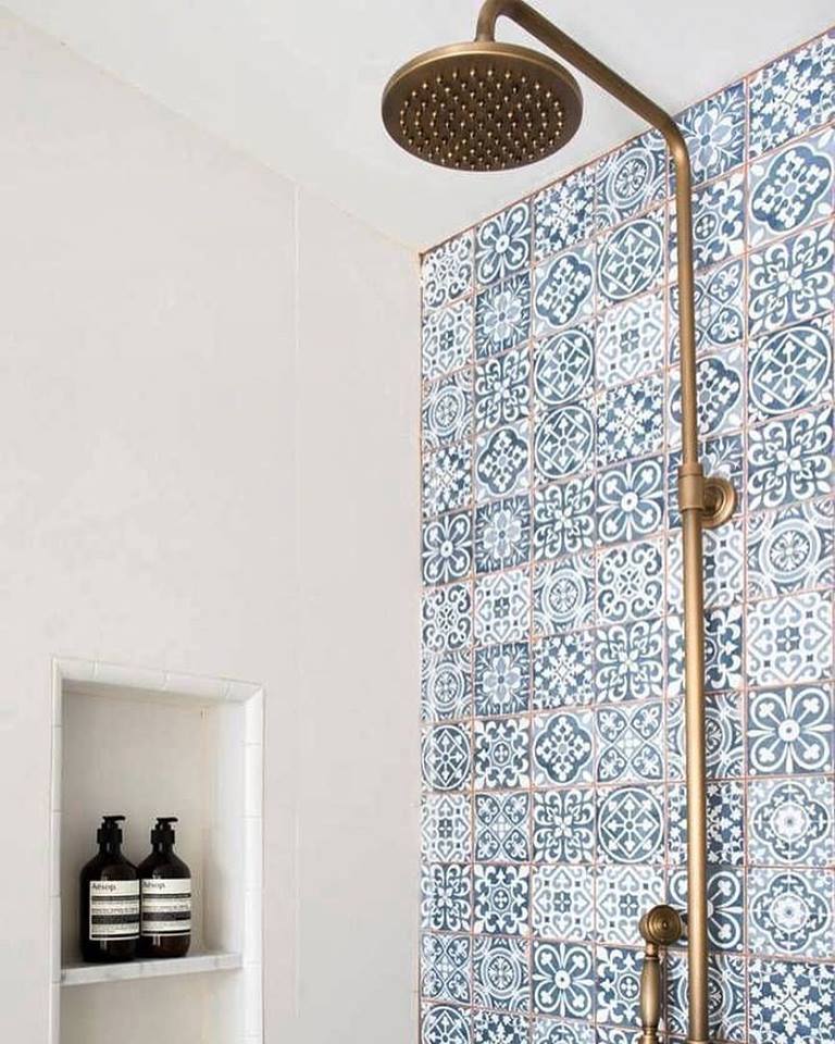 Unique Wall Paper In Bohemian Bathroom