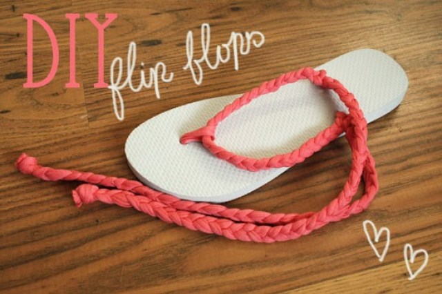 Use t-shirt yarn to create new braided straps for boring flip flops