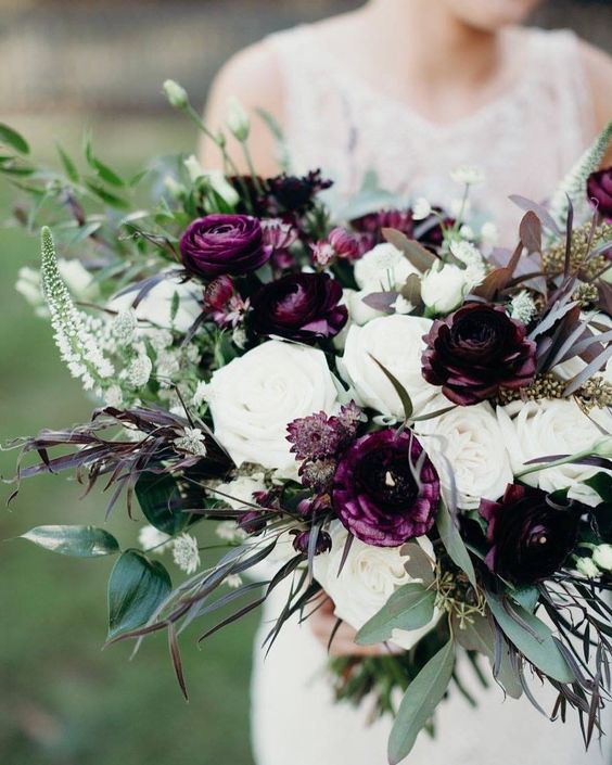 Wedding bride bridal bouquet flowers white plum dark purple.