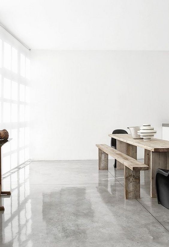 polished concrete floor white walls