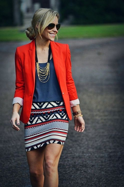 tribal skirt and bright blazer!