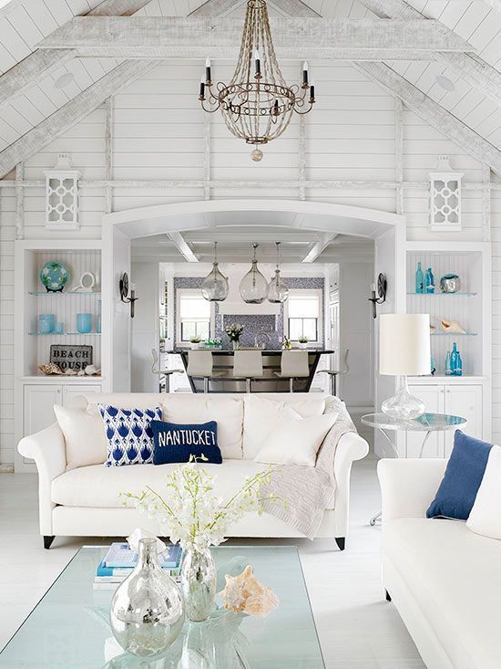 Beautiful! Light and bright coastal living room with pretty blue and white color scheme