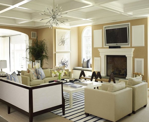 Beige, White and Blue Living Room