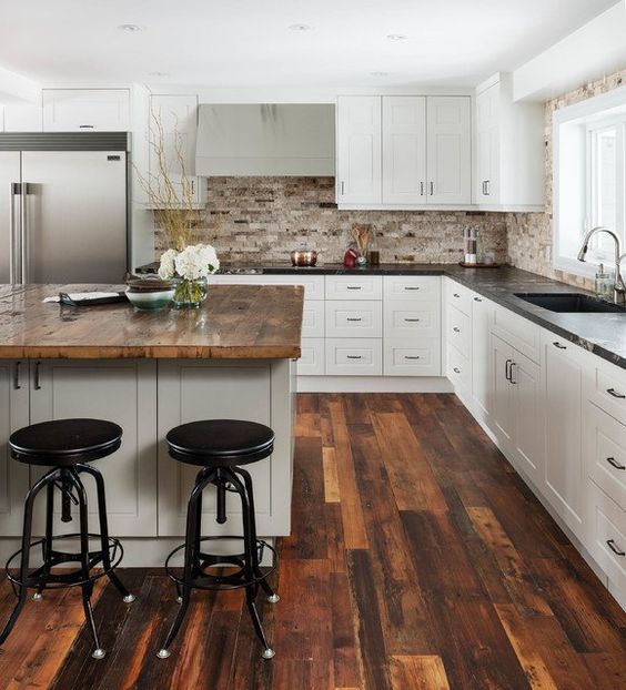 55 Stunning Woodland Inspired Kitchen Themes to Give Your Kitchen a New Look 5 Charming White Kitchen with Countertop Made Of Reclaimed Wood