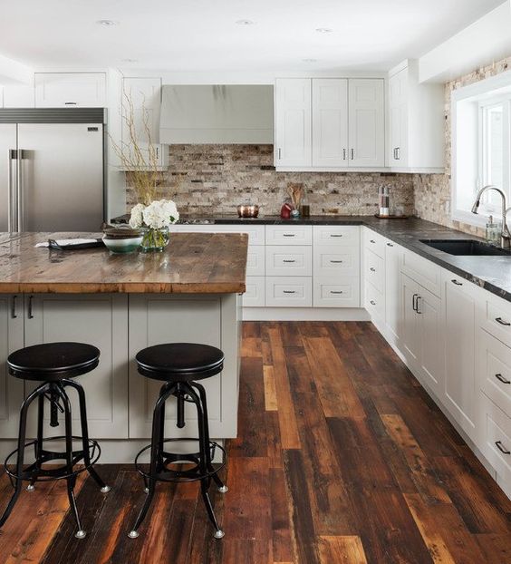 Charming White Kitchen with Countertop Made Of Reclaimed Wood