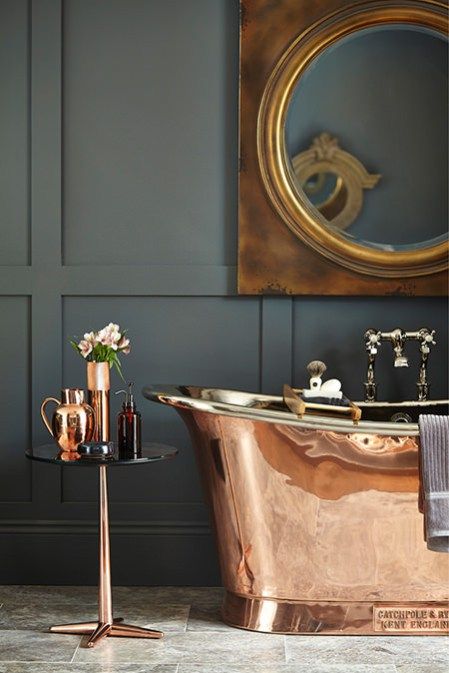 Copper roll top bath, mirror and accessories