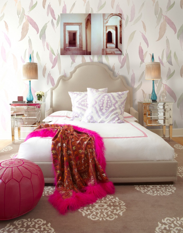 Nice Girl’s Bedroom with Feathers Wallpaper