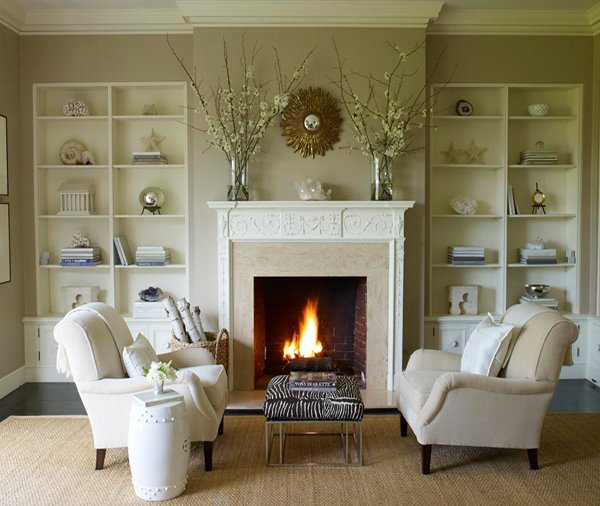 Traditional Beige Living Room with Fireplace