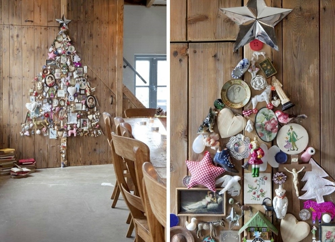 Arranged trinkets into the shape of a Christmas tree