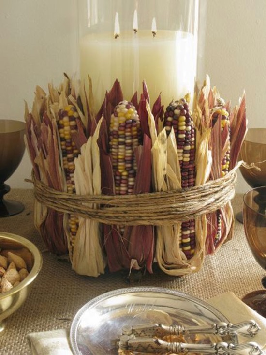 35+ Creative Thanksgiving Decorating Ideas 7 Corn Wrapped Candle Jar for Table Decor