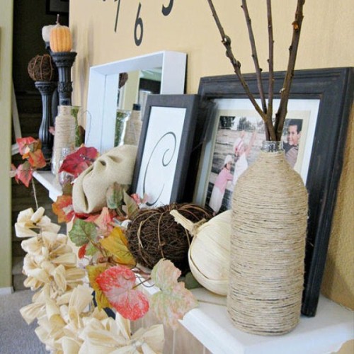 Cover your vases or even simple bottles with twine for a rustic fall look.