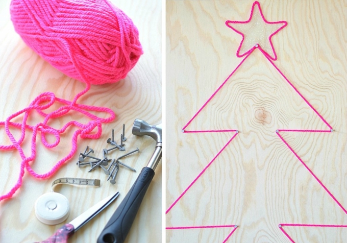 With a sheet of plywood, nails, and yarn you can create a quirky and colorful Christmas tree design