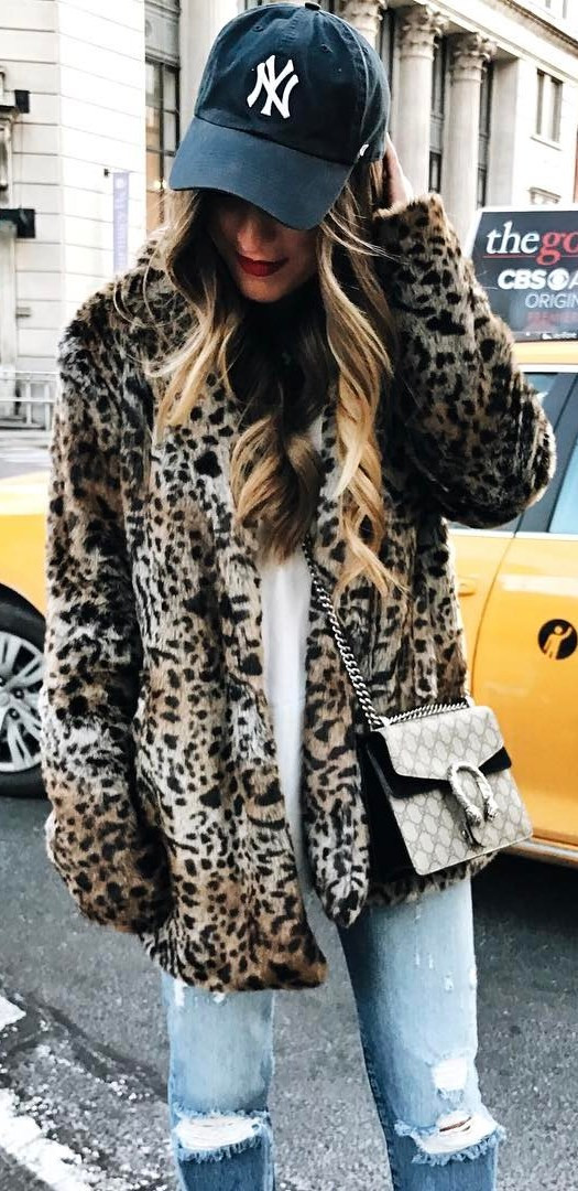 animal print coat + bag + rips + top Best Fall Outfit Ideas And Trends