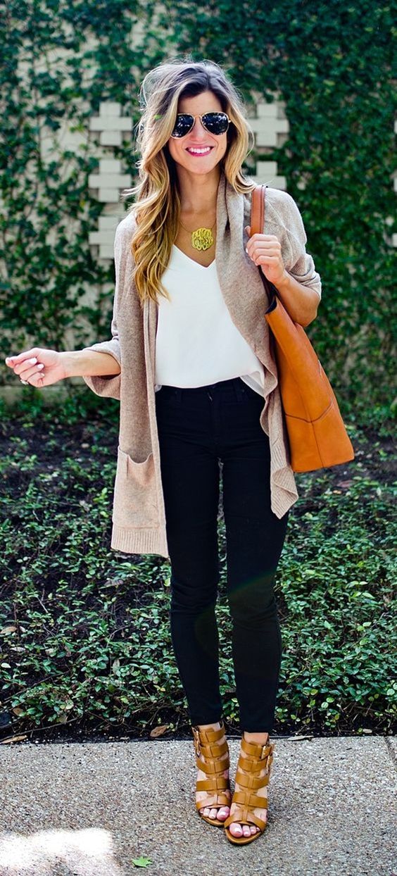 bag + cardi + top + pants + heels