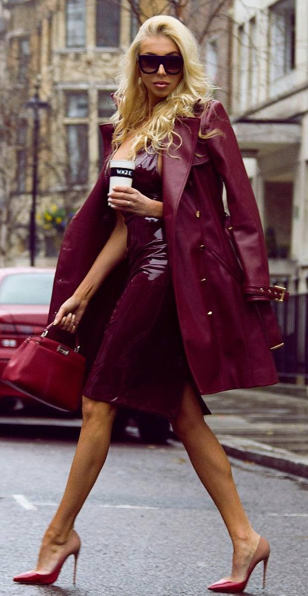 bag + heels + leather little dress + maroon coat