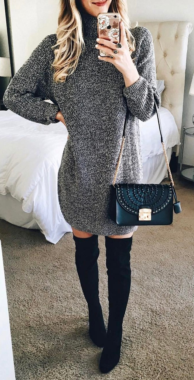 bag + over the knee boots + knit dress