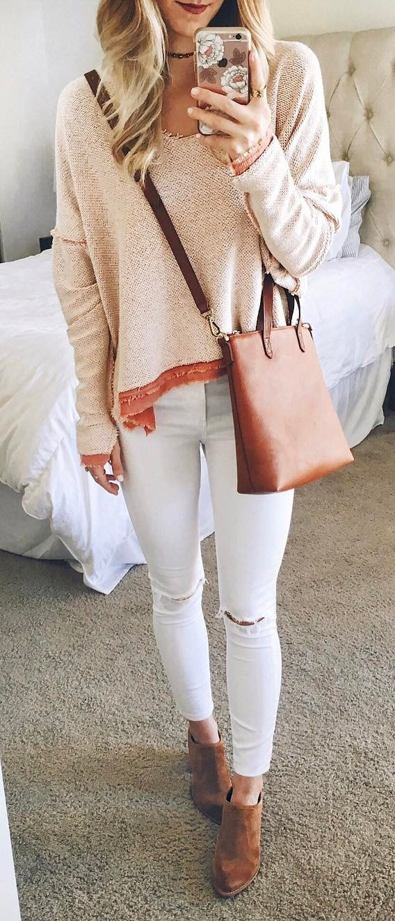 brown bag + sweater + white rips + boots