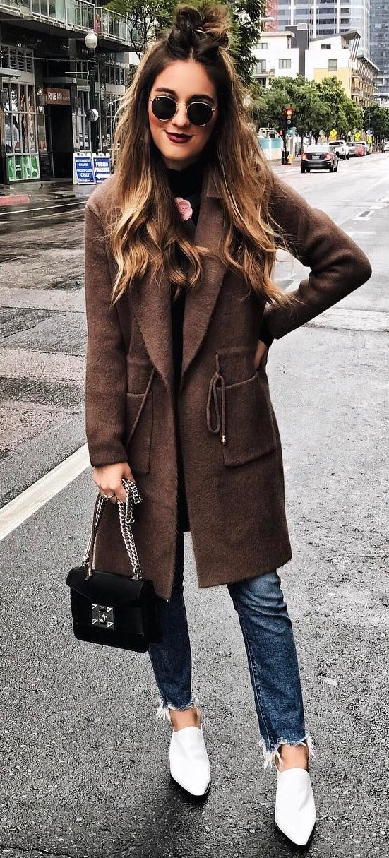 brown coat bag + jeans + top