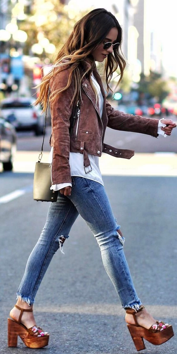 brown moto jacket + bag + rips + heels + shirt