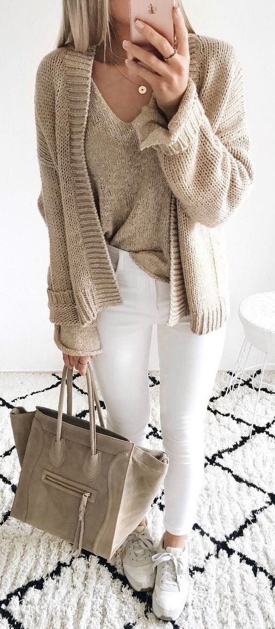 cardigan + sweater + bag + skinnies +sneakers