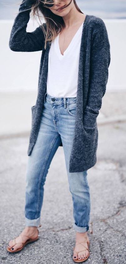 cardigan + white top + jeans