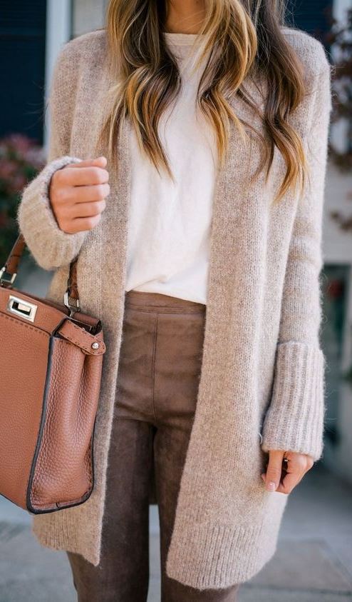 cardigan + white top + pants