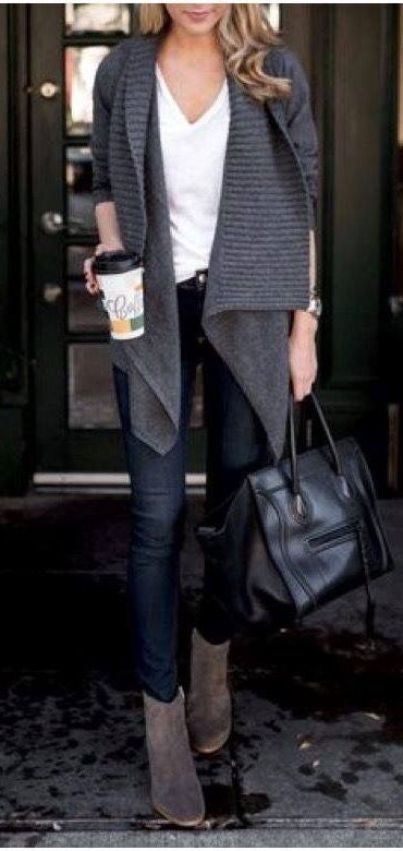 cozy cardigan + bag + jeans + boots + top