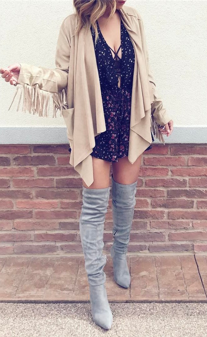 fashion trends cardi + lace up dress + over the knee boots
