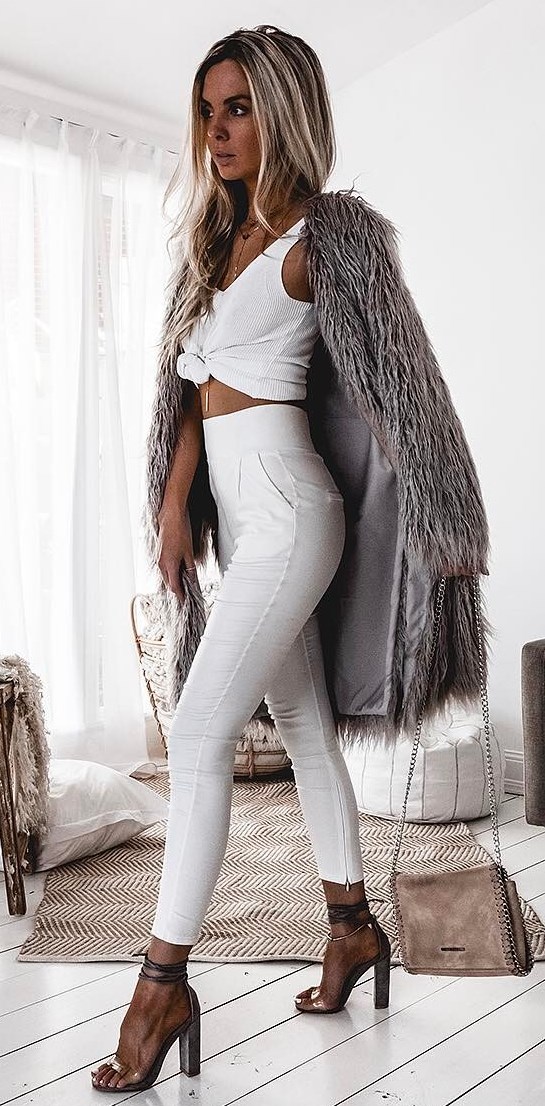 fur coat + white set + heels + bag