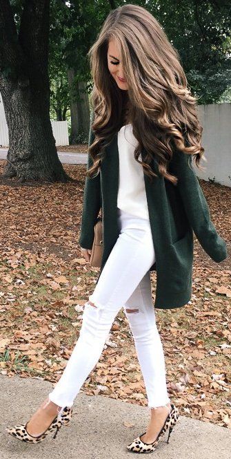 green cardigan + top + white rips + bag + animal print heels