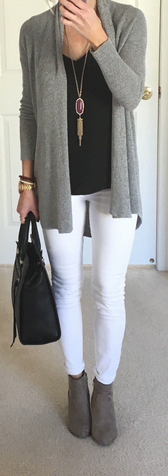 grey cardi + black top + bag + white skinnies + boots