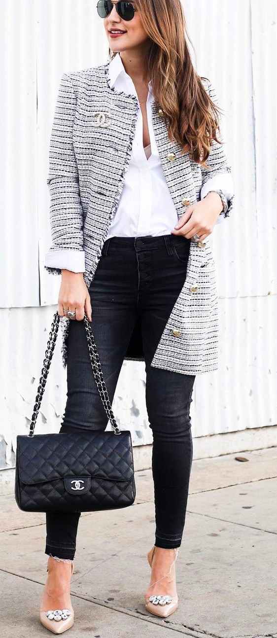 grey coat + blouse + bag + skinny jeans + heels