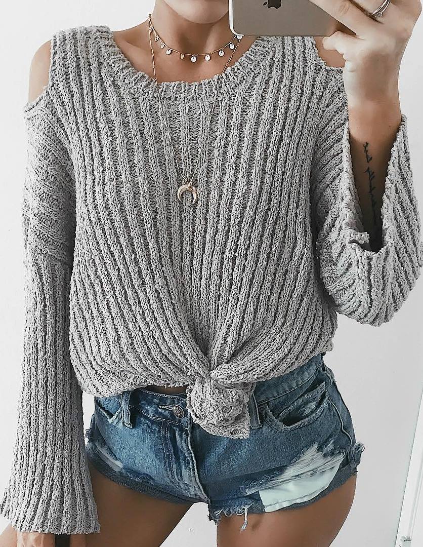 grey sweater + denim shorts