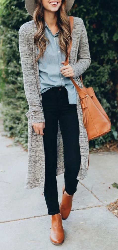 hat + denim shirt + bag + skinnies + boots