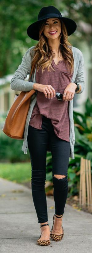 hat + grey cardi + top + bag + rips