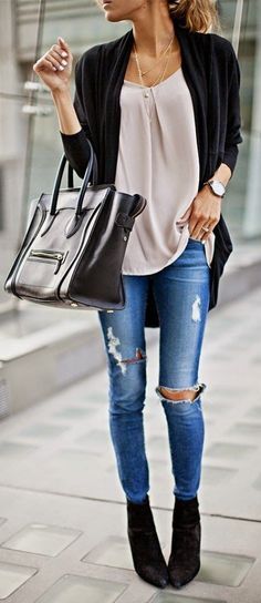 ipped jeans + boots + bag + top + cardi