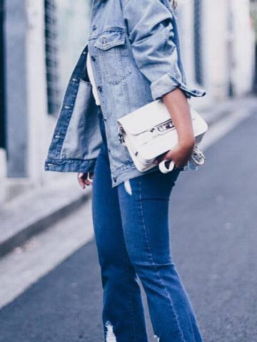 jacket + jeans + white bag + heels