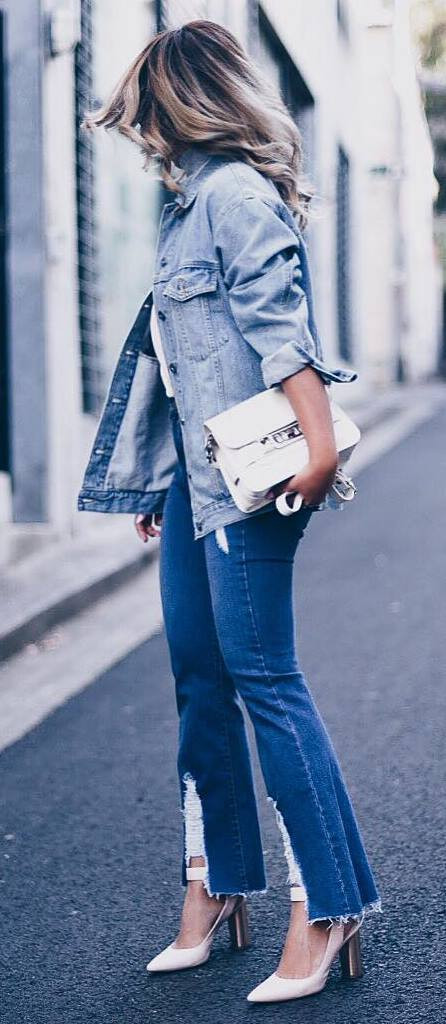 jacket + jeans + white bag + heels