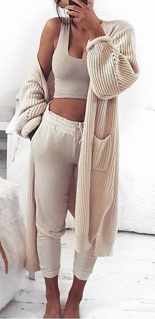 knit cardi + crop top + pants