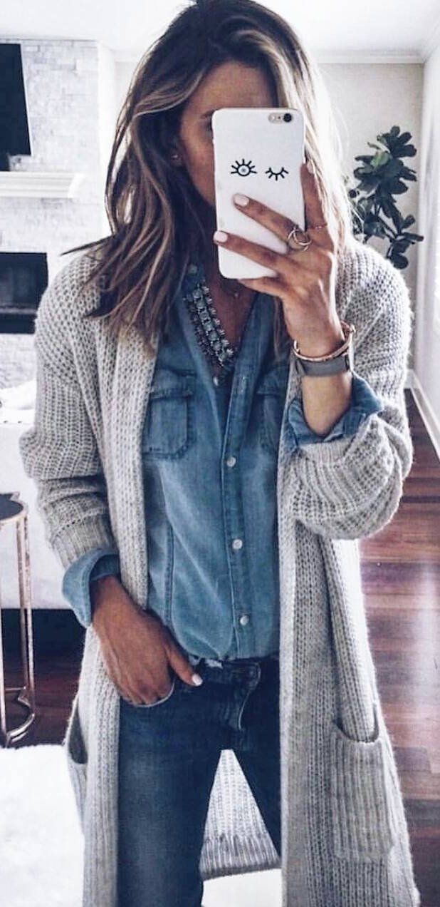 knit cardigan + denim shirt + jeans