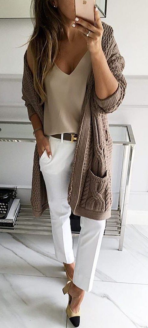 knit cardigan + nude blouse + white pants + heels